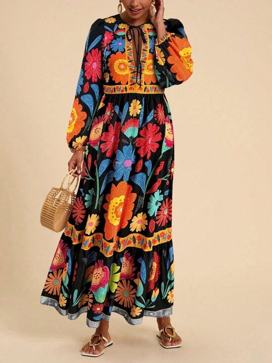 MODA ME COUTURE Dresses & Skirts - Black Boho Women's Floral Tie-Up Long Sleeve Dress